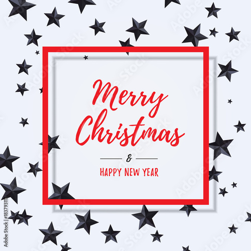 Merry Christmas and Happy New Year red lettering inside red frame over flat lay with black stars. Vector illustration usable for banners, greeting cards, gifts and backgrounds.
