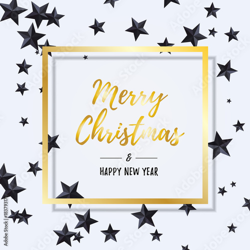 Merry Christmas and Happy New Year gold lettering inside golden frame over flat lay with black stars. Vector illustration usable for banners, greeting cards, gifts and backgrounds.