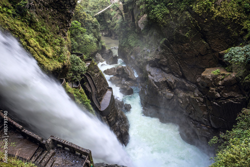 Waterfall Pailon del Diablo (Devil's Cauldron) in the Andes mountain rainforest. Banos. Ecuador