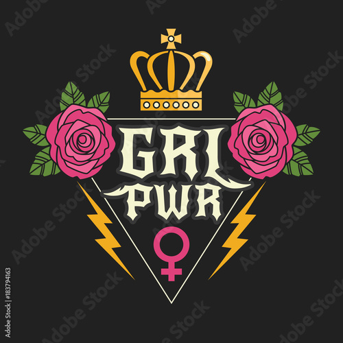 Rock style "Girl Power" t-shirt print. Vector illustration with feminist slogan and colorful girlish symbols, such as roses, crown and female gender symbol. Isolated on black background.