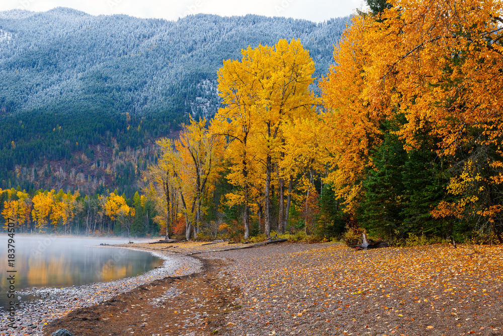 Autumn colors on shore of Lake McDonald in Glacier National Park, Montana