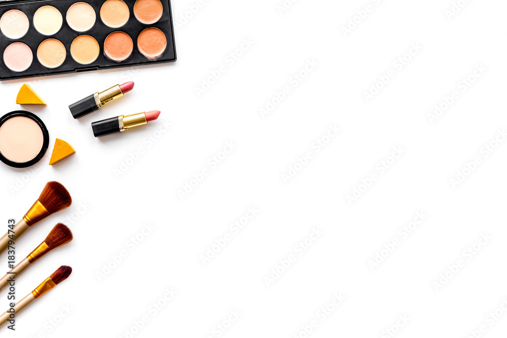 Professional bulk cosmetics. Eyeshadows, rouge, brushes on white background top view copyspace Professional bulk cosmetics. Eyeshadows, rouge, brushes on white background top view copyspace