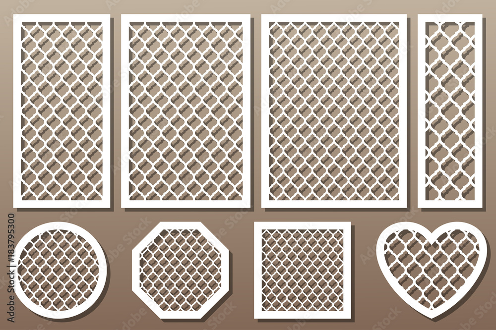 Set decorative elements for laser cutting. Geometric ornament pattern. Line template. The ratio 1:2, 2:3, 3:4, 1:3, round, octagon, square, heart.Vector illustration.