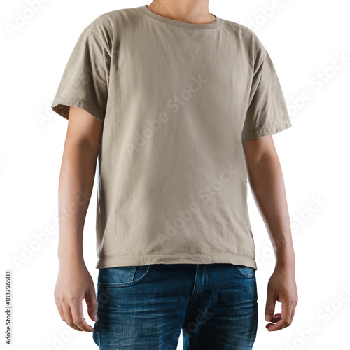 Man wearing blank t-shirt on white background