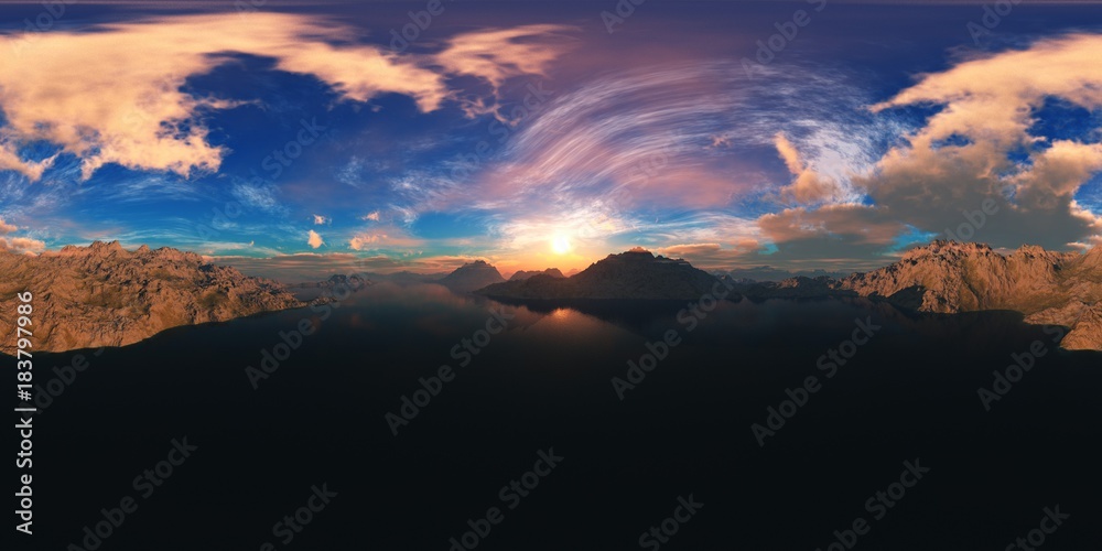 mountain lake panorama, HDRI, environment map, Round panorama, spherical panorama, equidistant projection 
