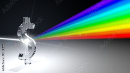 white light ray dispersing to other color light rays via dollar shaped prism. 3d illustration