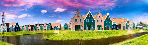 Panoramic view of homes along Volendam canal, The Netherlands photo