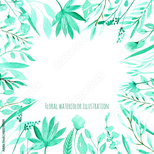 Fototapeta Naklejka Na Ścianę i Meble -  Floral design card with watercolor mint herbs and plants, hand drawn on a white background, for wedding, birthday and other greeting cards 