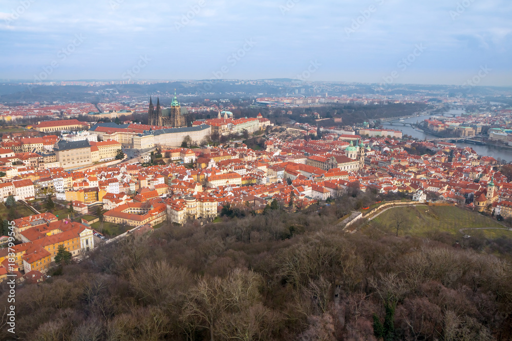 Panorama of Prague with Castle. View from Petrin Hill. Prague, Czech Republic