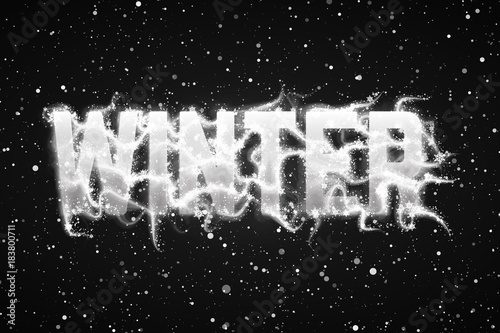 Winter dark background with snow in soft focus and text Winter with snoflakes fly by the wind blast. White letters with white snow. New year intricate  detailed background. Snow blizzard over text.