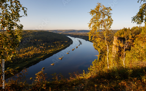 Autumn Urals landscape, river, stones, mountains. Vishera river.