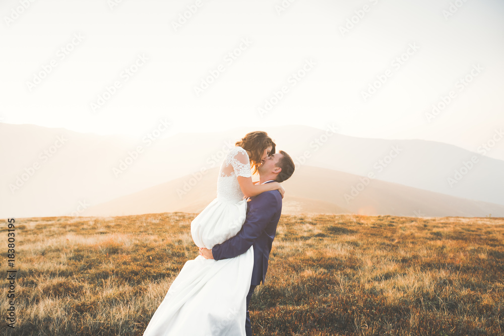 Happy wedding couple posing over beautiful landscape in the mountains