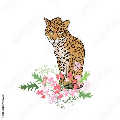 Retro style Illustration with flowers and animal