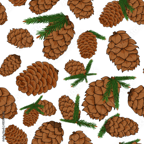 pine cones with pine branches seamless background