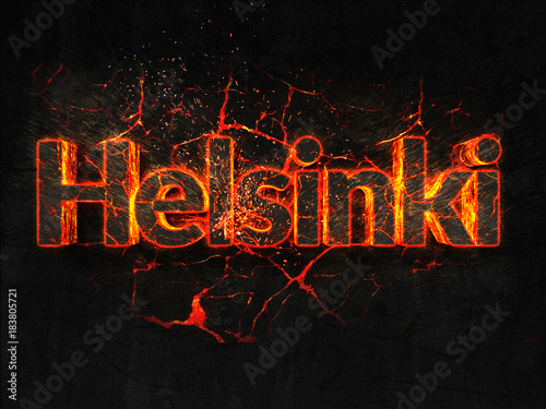 Helsinki Fire text flame burning hot lava explosion background.