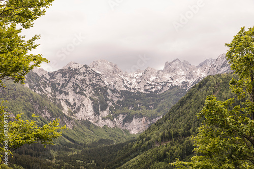 Landscape view of forested valley and mountains, Mozirje, Brezovica, Slovenia photo