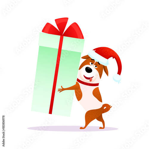 Funny cartoon dog with Xmas gift in its hands. Flat character in Santa Claus hat for Christmas or New Year 2018. Puppy Terrier hugs present isolated on white background. Christmas vector illustration.