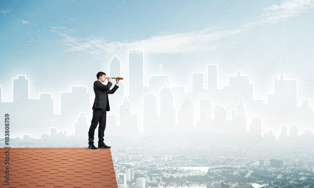 Engineer man standing on roof and looking in spyglass. Mixed media Engineer man standing on roof and looking in spyglass. Mixed media