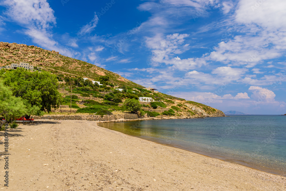 Agriolivado beach is a beautiful sandy beach on the island of Patmos, Dodecanese, Greece