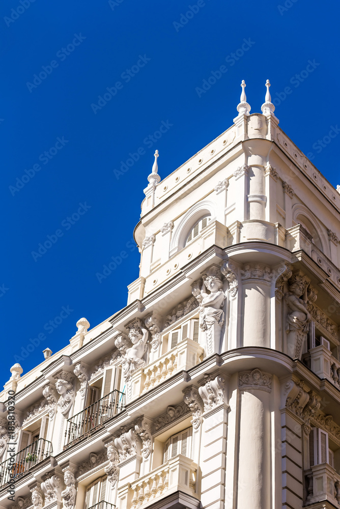 Beautiful historical building of old architecture in the city center, Madrid, Spain. Copy space for text. Vertical
