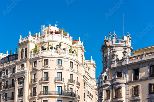 Beautiful historical building of old architecture in the city center, Madrid, Spain. Copy space for text.