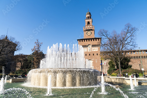 Milan, Italy: the fountain in front of the Sforza castle