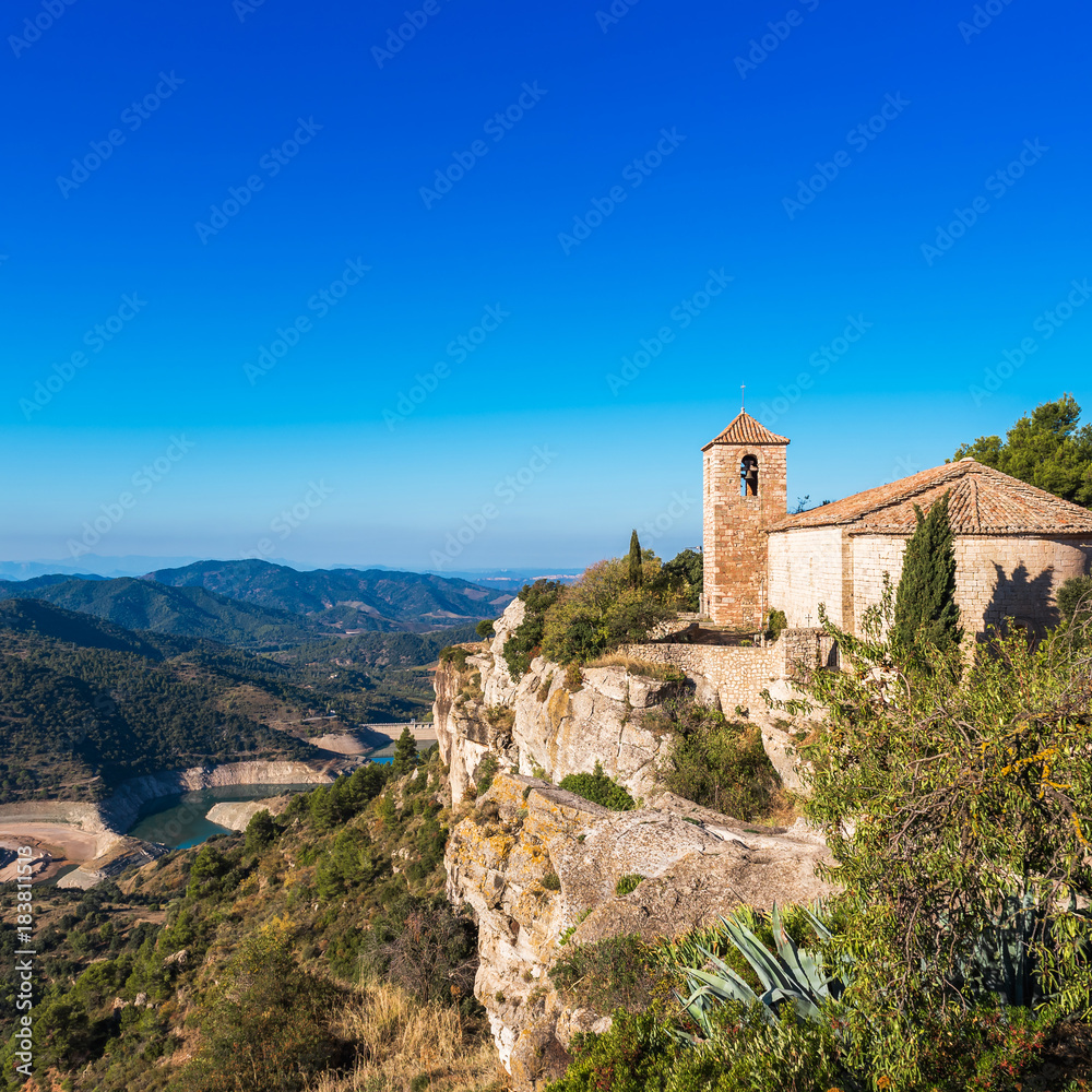 View of the Romanesque church of Santa Maria de Siurana, in Siurana, Tarragona, Catalunya, Spain. Copy space for text.