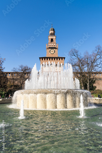Milan, Italy: the fountain in front of the Sforza castle