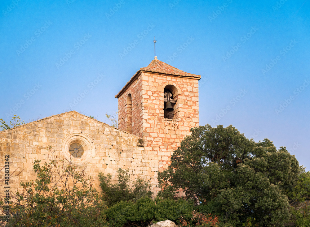 View of the Romanesque church of Santa Maria de Siurana, in Siurana, Tarragona, Spain. Copy space for text.