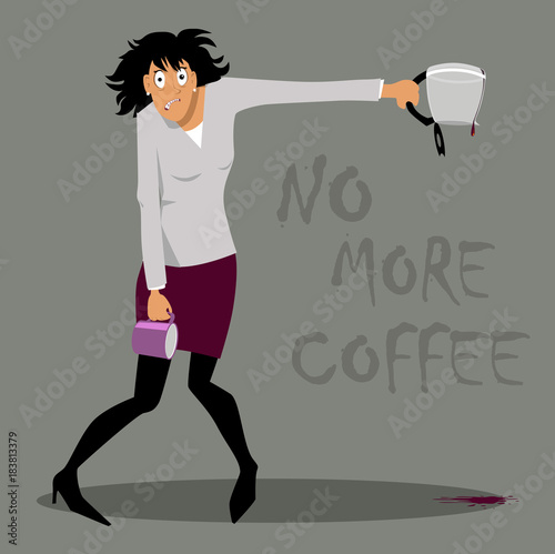 Enraged woman with an empty coffee pot and mug, suffering from coffee withdrawal or overdose, EPS 8 vector illustration 