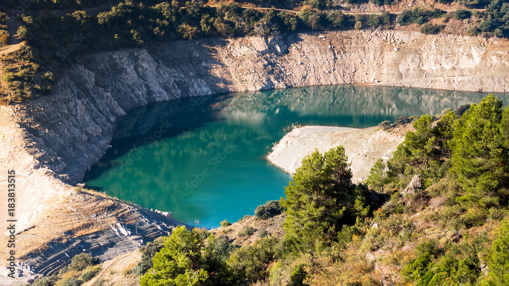 Reservoir Pantano De Siurana, Tarragona, Spain. Top view. Copy space for text. Reservoir Pantano De Siurana, Tarragona, Spain. Top view. Copy space for text.