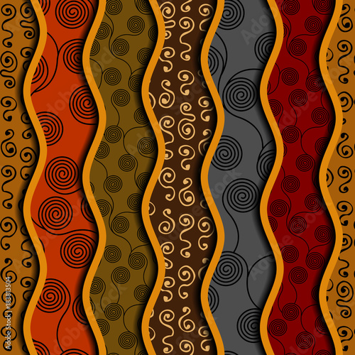 Ethnic boho seamless pattern in african style on black background. Tribal art print. Curly patterns.
