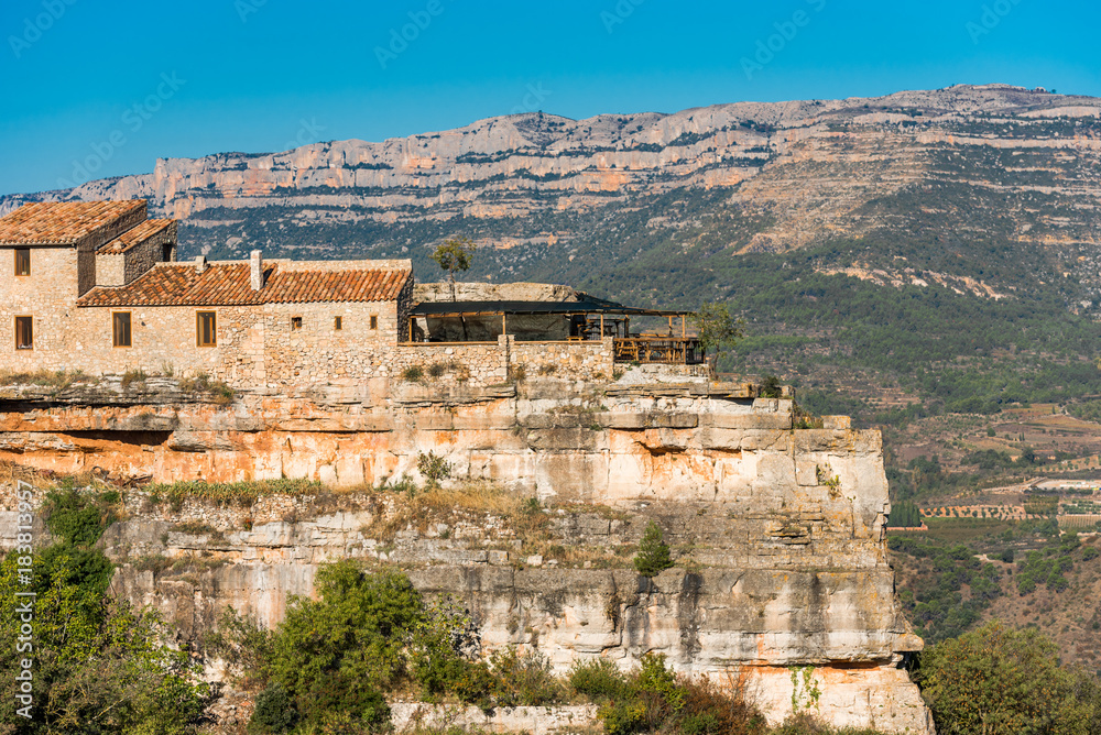 View of the building with a terrace in village Siurana de Prades, Tarragona, Catalunya, Spain. Copy space for text.