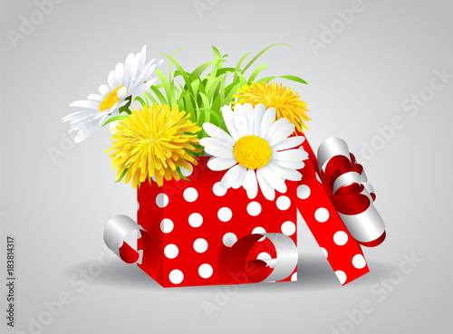 Fototapeta Naklejka Na Ścianę i Meble -  Beautiful Vector illustration festive background birthday with gifts and flowers