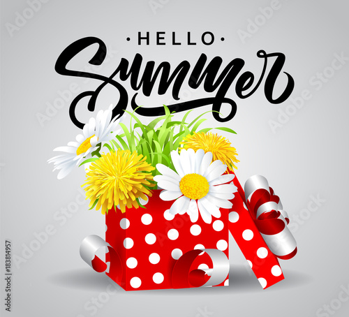 Fototapeta Naklejka Na Ścianę i Meble -  Inscription Summer on background with summer flowers and grass