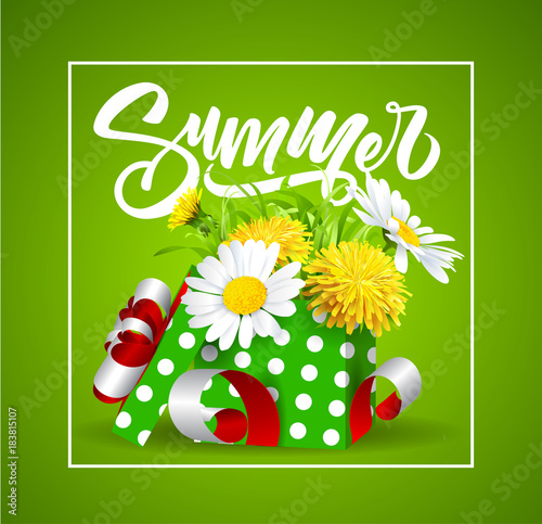 Fototapeta Naklejka Na Ścianę i Meble -  Inscription Summer on background with summer flowers and grass