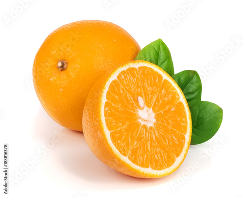 Orange with slice with leafs isolated on the white background