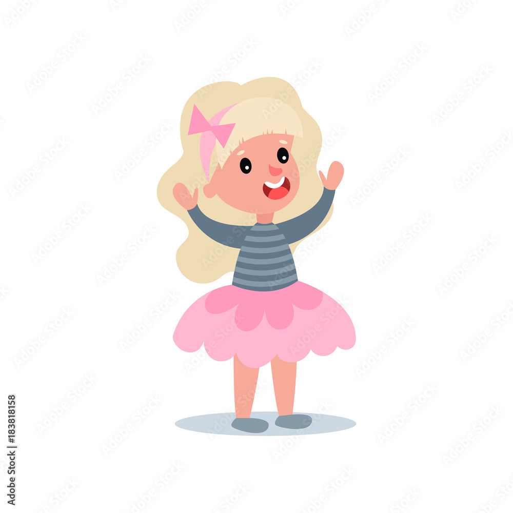 Cheerful little girl with long blond hair in puffy pink skirt and blouse with stripes. Kid character with happy face expression standing with hands up. Flat vector design Cheerful little girl with long blond hair in puffy pink skirt and blouse with stripes. Kid character with happy face expression standing with hands up. Flat vector design