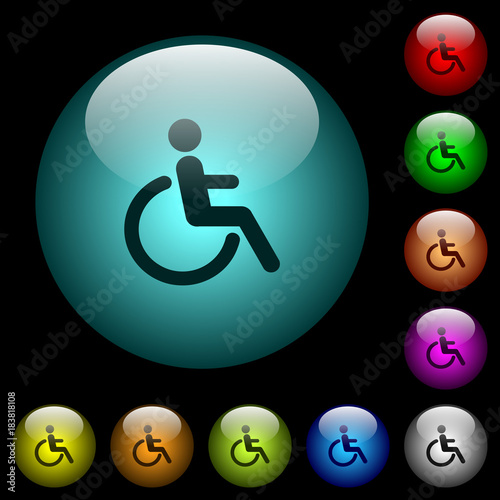 Disability icons in color illuminated glass buttons