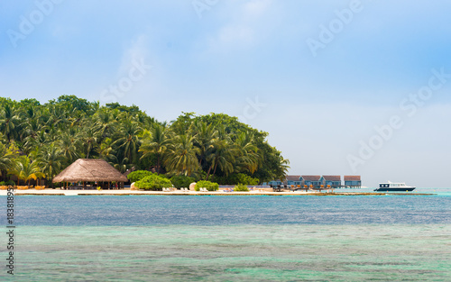 View of a tropical island with coconut palms on a sandy beach, Maldives, Indian ocean. Copy space for text.