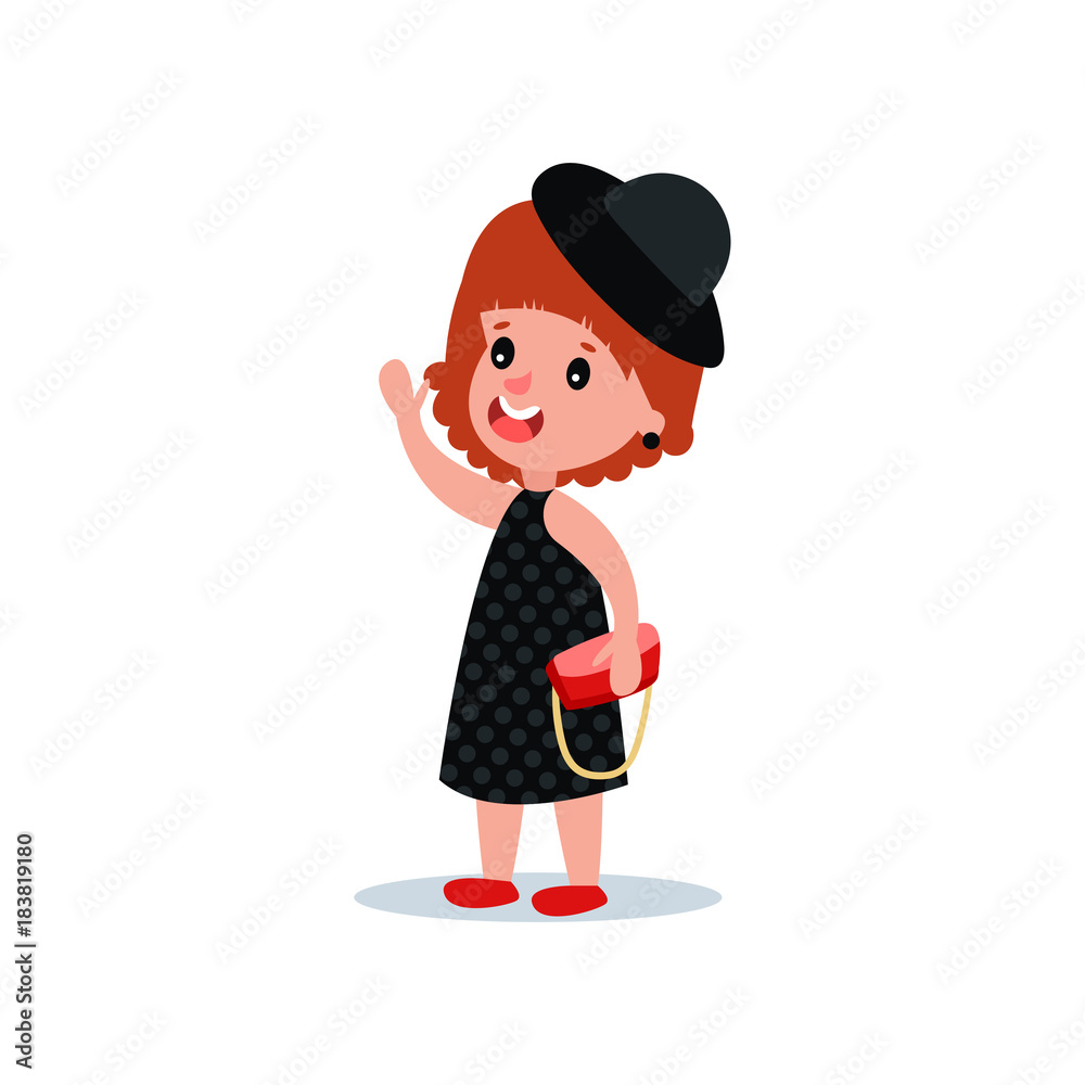 Cute fashion girl in black polka-dot dress, hat and red handbag. Official evening clothes. Female model character waving by hand. Flat vector design Cute fashion girl in black polka-dot dress, hat and red handbag. Official evening clothes. Female model character waving by hand. Flat vector design