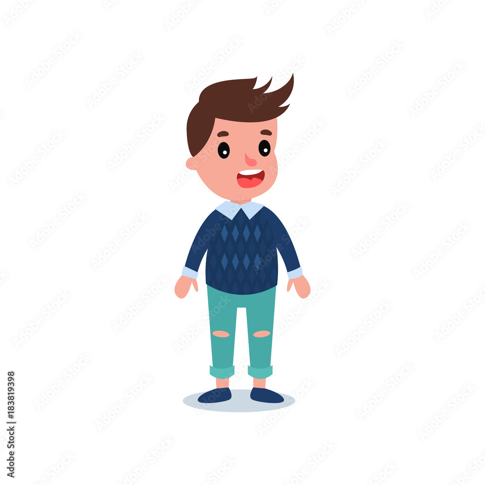 Stylish little kid wearing casual clothes blue sweater with shirt and  ragged jeans. Cartoon boy character with happy face expression. Flat vector  design Stock Vector | Adobe Stock