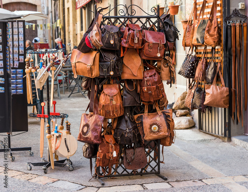 Souvenir shop with leather handbags in Tarragona, Catalunya, Spain. Copy space for text.