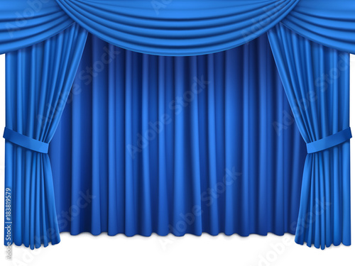 Background with luxury blue red silk curtains and lambrequin