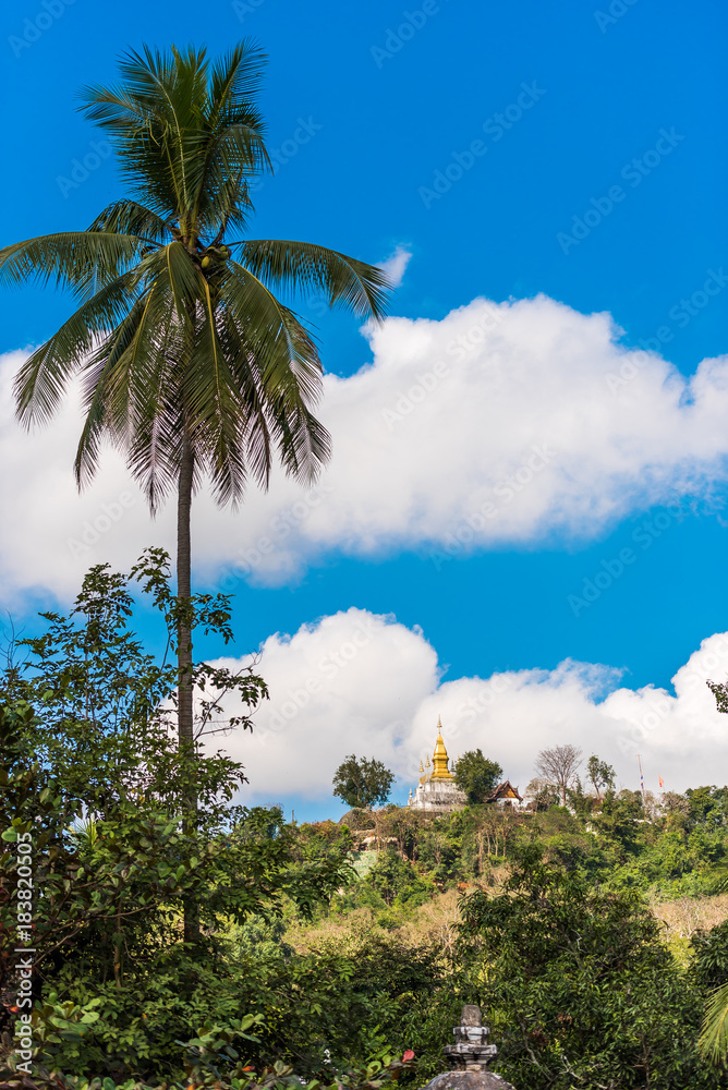 View of the Buddhist temple on the mountain, Louangphabang, Laos. Copy space for text. Vertical.