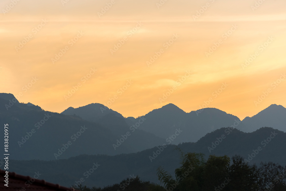 View of the picturesque mountain landscape in Louangphabang, Laos. Copy space for text.