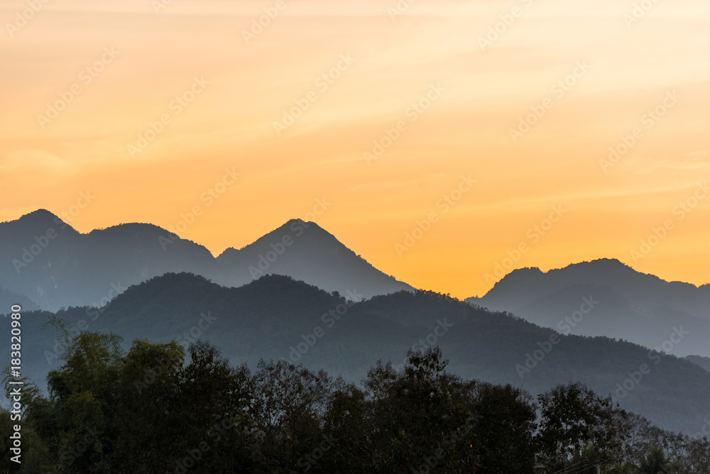 View of the picturesque mountain landscape in Louangphabang, Laos. Copy space for text.