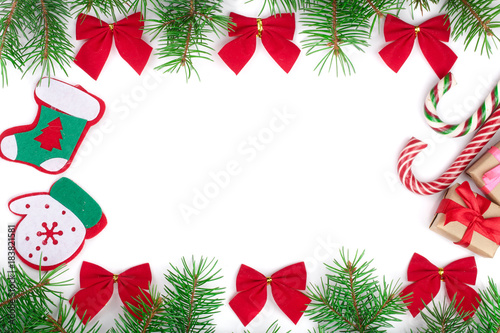 Christmas frame decorated with red bows isolated on white background with copy space for your text
