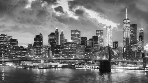 Black and white picture of Manhattan at night, New York, USA.