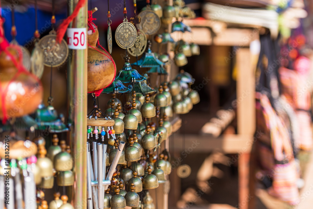 Naklejka premium Souvenirs in the local market in Luang Prabang, Laos. Close-up.